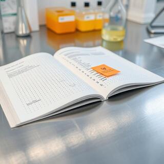 Lab bench with dotted spread and safety notes