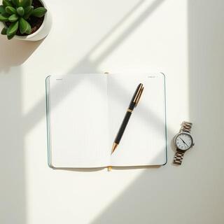 Mint-toned desk flatlay with notebook and pen