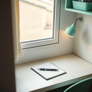 Hostel corner desk with compact setup